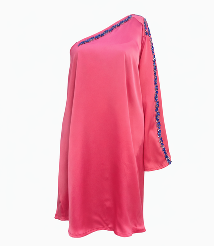 Abito Monospalla in Seta Satin Fucsia con Strass Royal