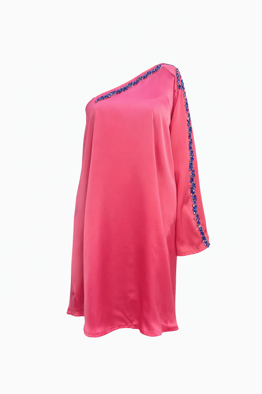 Abito Monospalla in Seta Satin Fucsia con Strass Royal