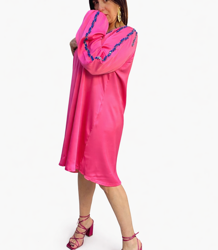 Abito Monospalla in Seta Satin Fucsia con Strass Royal