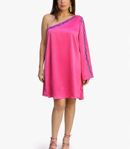 Abito Monospalla in Seta Satin Fucsia con Strass Royal