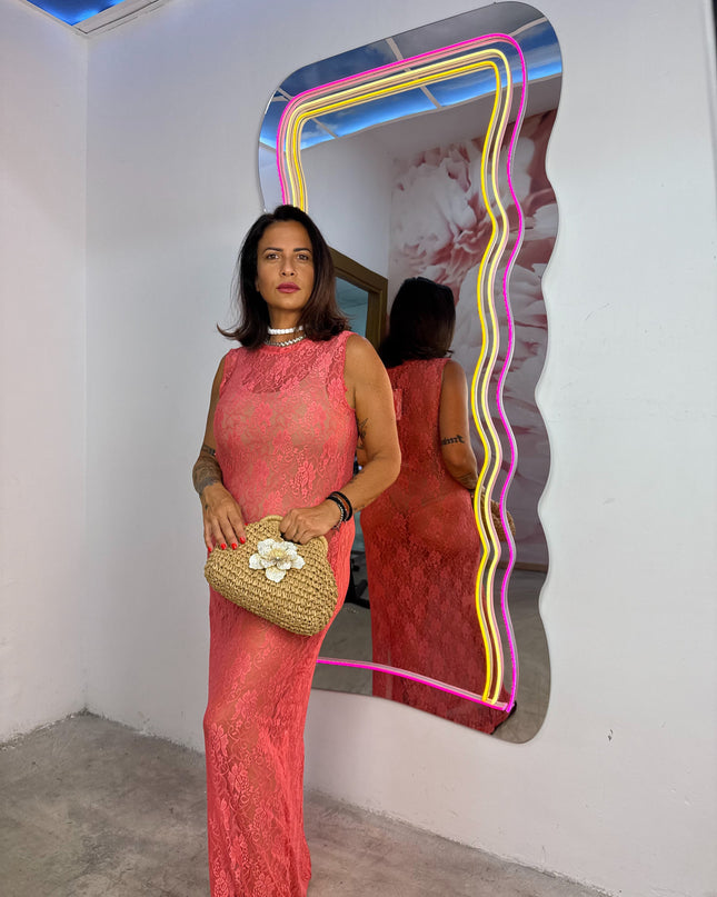 Dress in pizzo giromanica Corallo