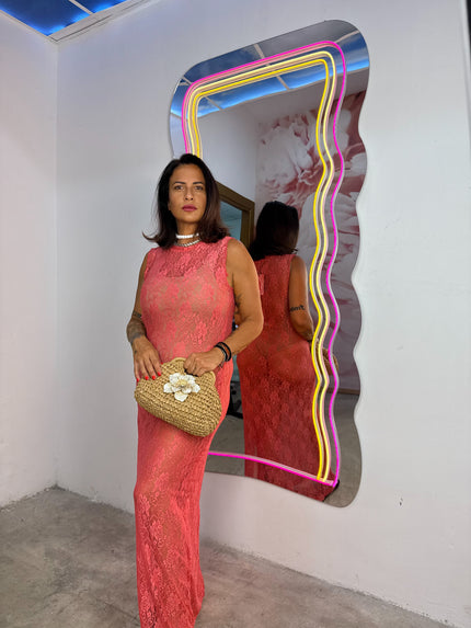 Dress in pizzo giromanica Corallo