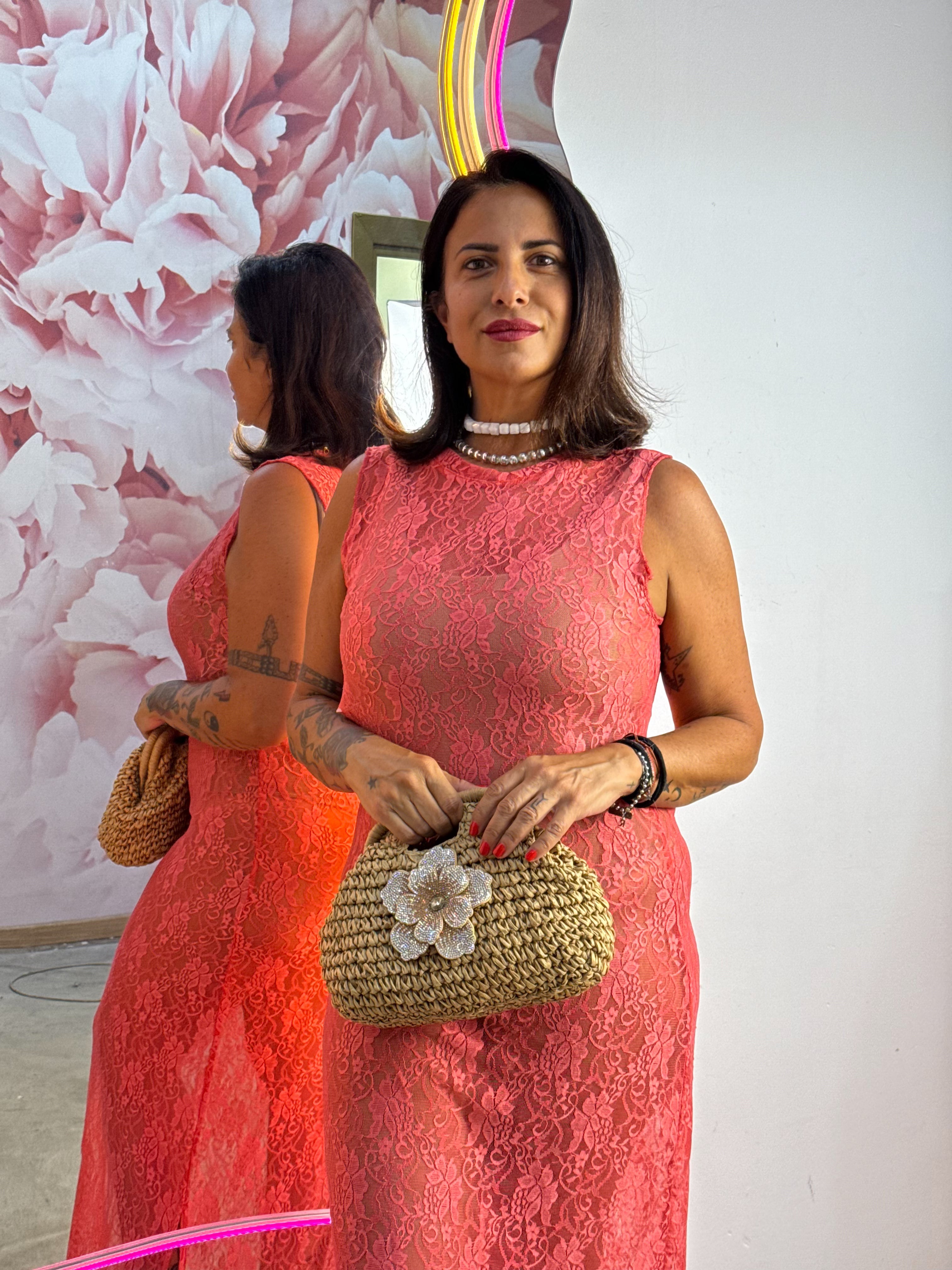 Dress in pizzo giromanica Corallo
